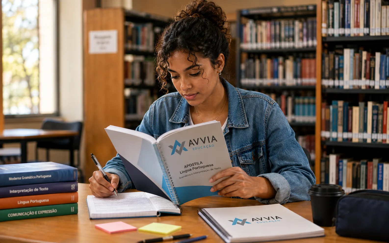Estudante revisando apostila Ávvia na biblioteca