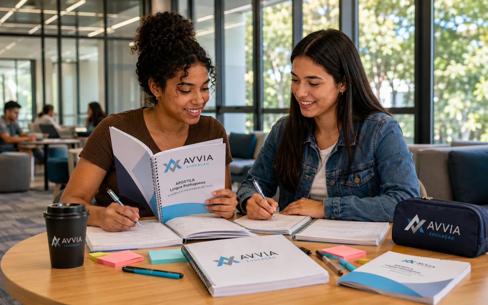 Duas colegas de nutrição estudando juntas com material Ávvia